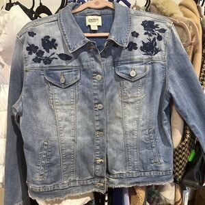 Vintage America Blue Denim Jacket with Navy Floral Embroidery
